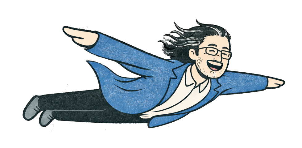 Illustration vectorielle d’un homme mûr volant avec le sourire, cheveux longs au vent et veste bleue flottante, style cartoon, symbolisant la liberté, l’élan en